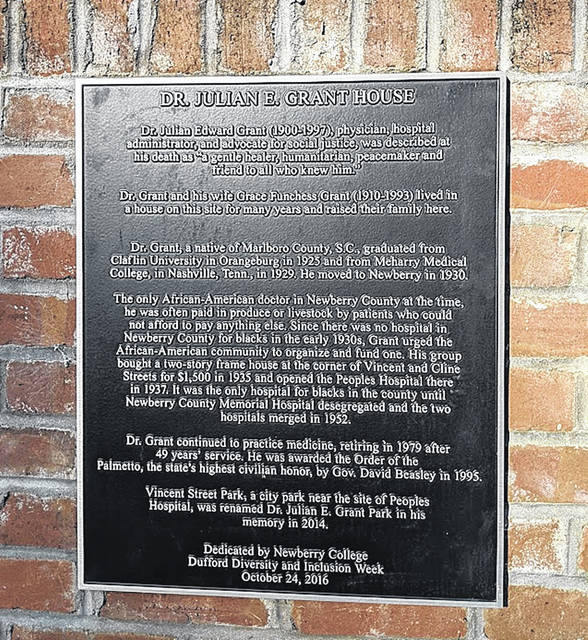 <p>The historical plaque that can be found at the site of Dr. Julian Grant’s home near Newberry College.</p>
                                 <p>Courtesy photo</p>