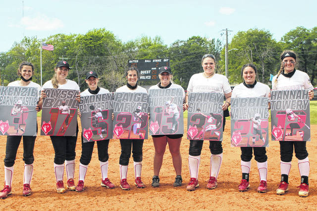 Seniors on the Newberry College softball team were honored on Senior Day April 11. Pictured are: Kenzie Barneycastle, Alyssa Ball, Sydney Patterson, Paige Meyer, Lauren Huffman, Haley Simonds, Abbie Valentine and Hannah Towery.
