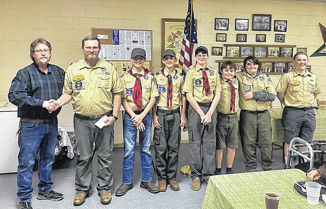 Little Mountain Masonic Lodge #28 recently contributed over $1,000 to the Boy Scout Troop #61. Pictured L-R: Claude Baggott WM, WB, Scout Master Allen Williams, Ethan Riddle, Christopher Case, Daniel Williams, Weston Riddle, Thomas Logue and Jeremy Hollowell.
                                 Courtesy photo