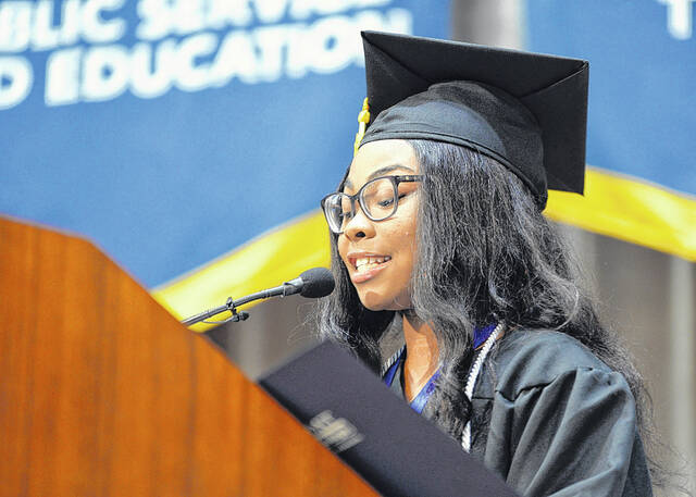 128555132_web1_Ashley-Smith-delivers-Spring-2022-student-commencement-address
Ashley Smith addresses her fellow graduates on May 5, 2022.
Courtesy of PTC