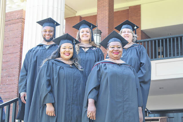128839941_web1_IMG_5504
Newberry College recently conferred its first graduates from the new masters degree program. Pictured, back (left to right): TyRan Dixon, Hannah Towery, Christina Wendland; front (left to right): Justina Teale, Chaunel Johnson.
Courtesy of Newberry College