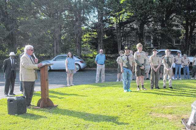 130632799_web1_Dedication-4
Prosperity Councilman Robert Martin takes a moment to recognize the scouts from Troop 316 during the time capsule burial ceremony and flag pole dedication.
Kelly Duncan photos | The Newberry Observer