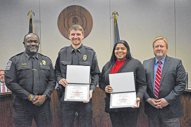 <p>From left to right: Chief Kevin Goodman, Clay McConnell, Breana Gary, and City Manager Jason Taylor.</p>
<p>Courtesy photo</p>