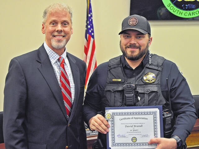 County Council also recognized David Brandt for 10 years of service with the Sheriffs Office.
                                 Courtesy of Newberry County Government